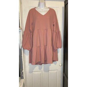 Shenbolen Lantern Sleeve Tiered Tunic Dress Women XL Pink V-Neck Side Pockets